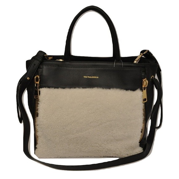 Via Repubblica Italy Genuine Shearling / Leather Handbag Cream/Black Nwt $698 - Picture 1 of 5